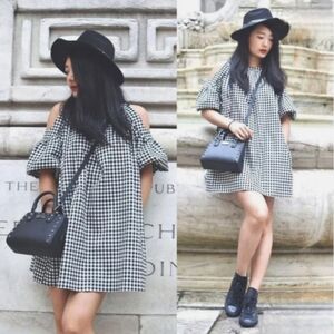 Nwot ZARA Cold Shoulder Black/White Gingham Puff Sleeve Shift Dress w/Pockets